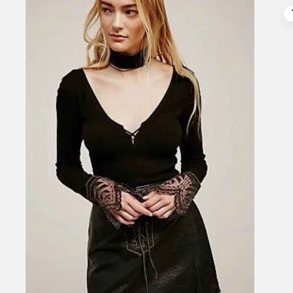 Free People Last Dance Thermal Top Long Sleeve Black Lace Cuff V-Back